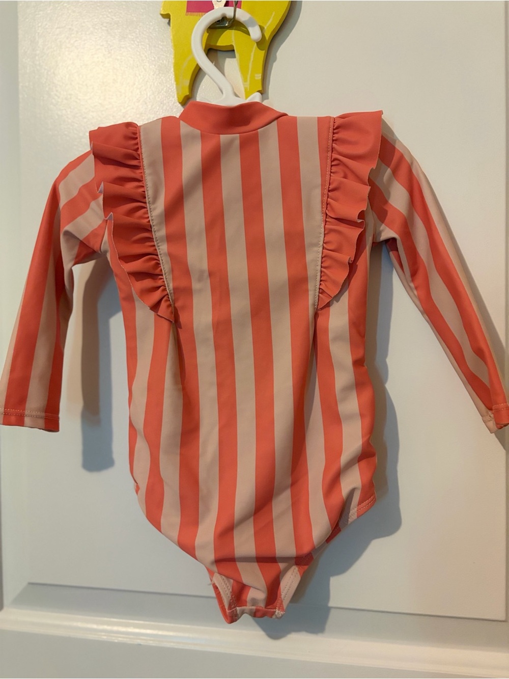 6-12 months Coral & Cream Striped Long-Sleeve Kids One-Piece Swimsuit